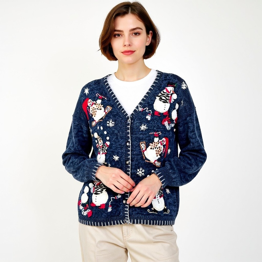 Tiara International Cardigan M Blue Vintage Christmas Snowman Ugly Sweater Party